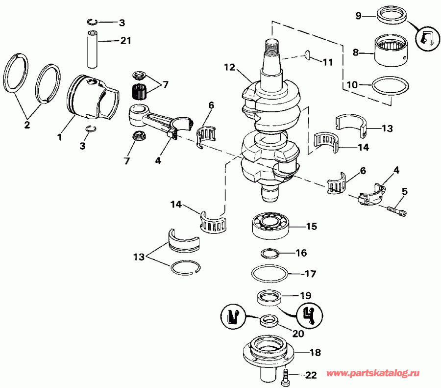 ��������� ��������� Evinrude E50BEEIA 1991  - ankshaft & Piston / ank��� & �������