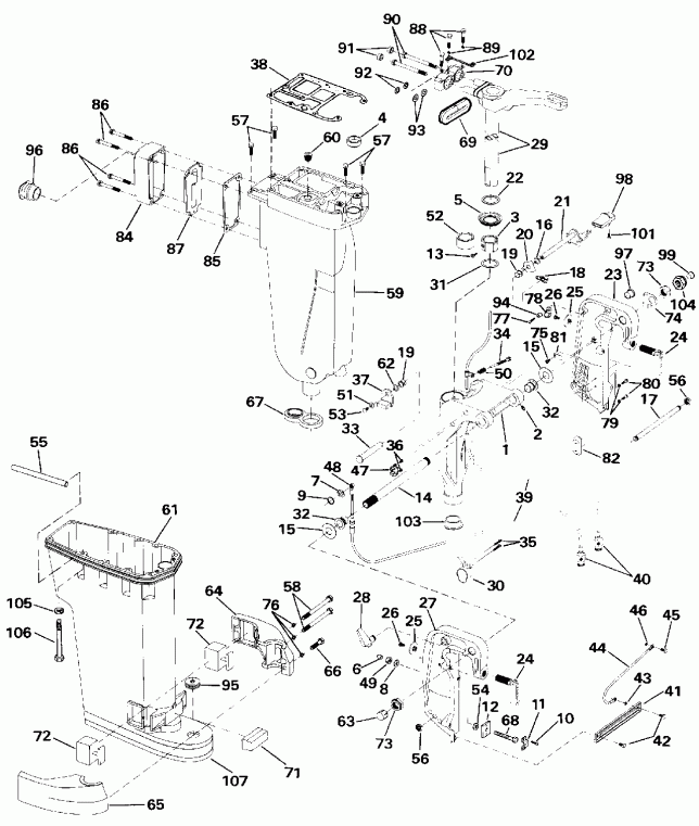 ��������� ��������� Evinrude E50BELEIA 1991  - haust ������ & Stern & ���������� ��������� / haust Housing & Stern & Swivel Bracket