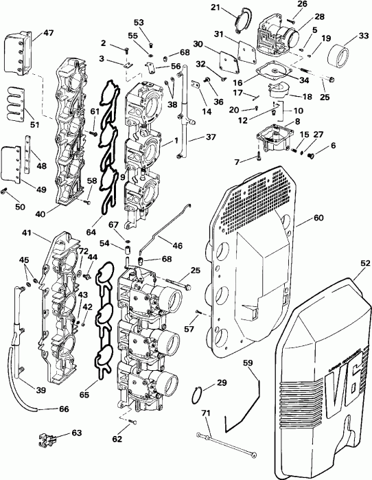�������� ��������� ����� Evinrude VE150ELEIS 1991  - rburetor � �������� ��������� / rburetor And Intake Manifold