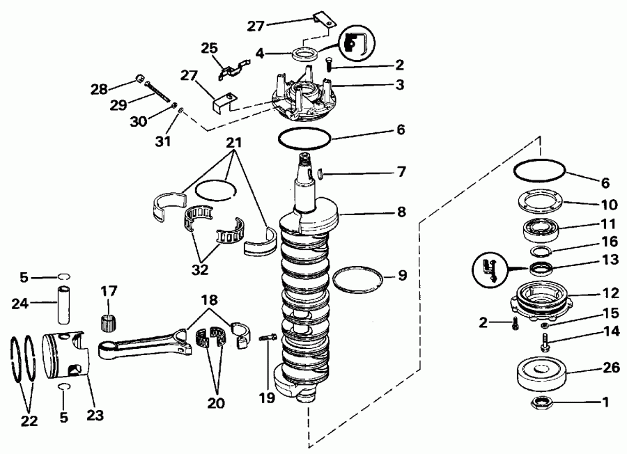 �������� ��������� ����� EVINRUDE E150EXENC 1992  - ankshaft & Piston