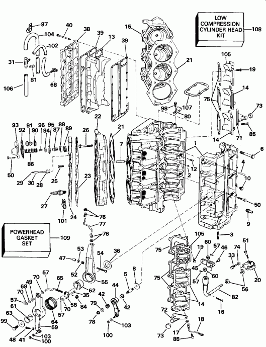 ��������� ����� EVINRUDE E155WTLENE 1992  - linder & Crankcase / linder & ������ ���������