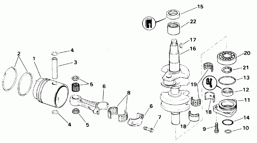 �������� ��������� ����� EVINRUDE E25RWENB 1992  - ankshaft & Piston