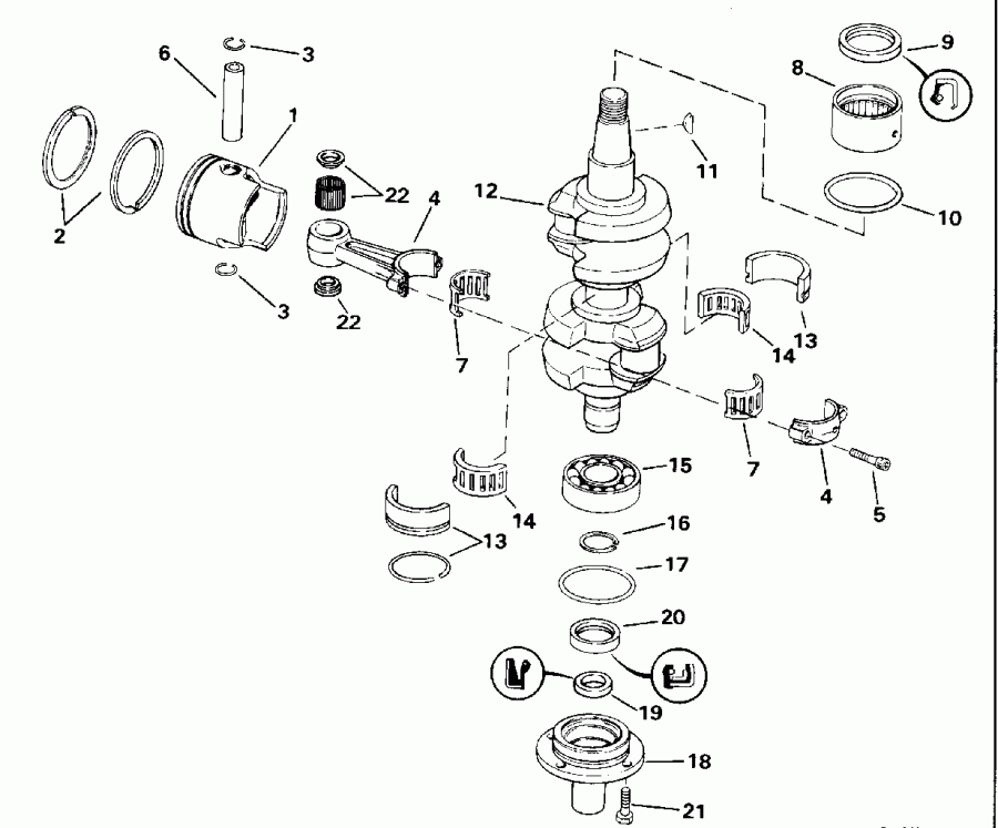 �������� ����� EVINRUDE E45WMLENM 1992  - ank��� & ������� / ankshaft & Piston
