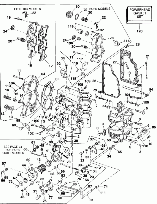 ��������� �������� ����� Evinrude E55RWLENM 1992  - linder & Crankcase