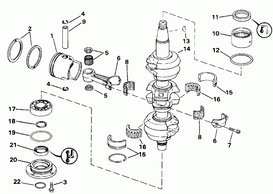 �������� ��������� ����� EVINRUDE E65WMLENE 1992  - ank��� & ������� - ankshaft & Piston
