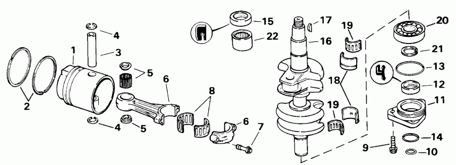 ��������� �������� ����� Evinrude VE25ELENS 1992  - ank��� & ������� / ankshaft & Piston