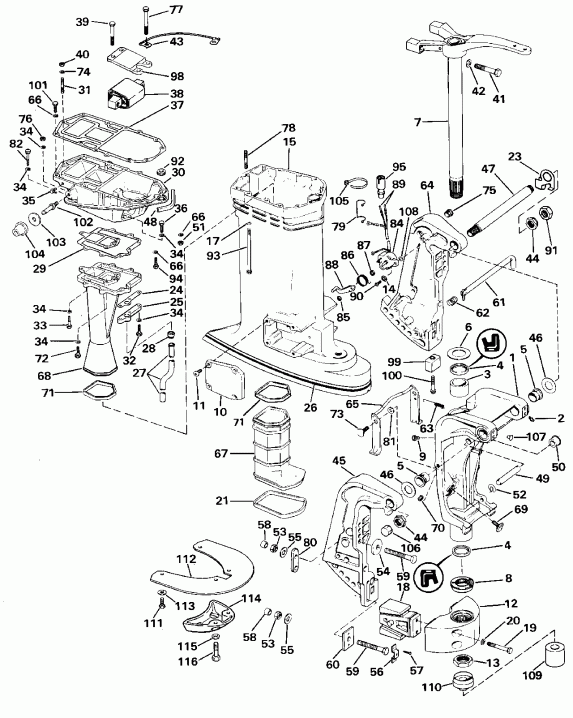 �������� ��������� ����� Evinrude VE70ELEND 1992  - linder & Crankcase / linder & ������ ���������