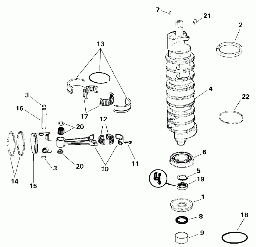 ����� Evinrude E150ELETR 1993  - ankshaft & Piston / ank��� & �������
