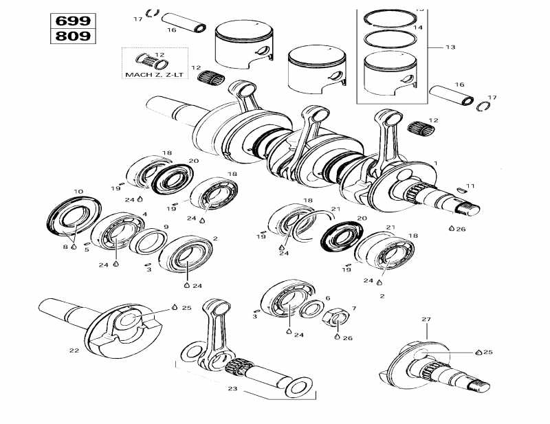 snowmobile SKIDOO Mach Z LT, 1997  - Crankshaft And Pistons (699, 809)