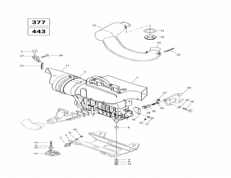 Skidoo - Engine Support And Muffler (377, 443)
