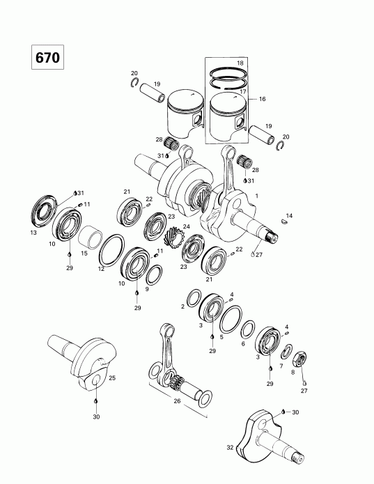 snowmobile Ski-doo MX Z 500/583/670, 1998  - Crankshaft And Pistons (670)