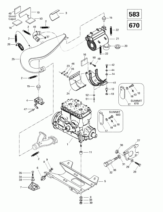 snowmobile SkiDoo  Summit 500/583/670, 1998 - Engine Support And Muffler (583, 670)