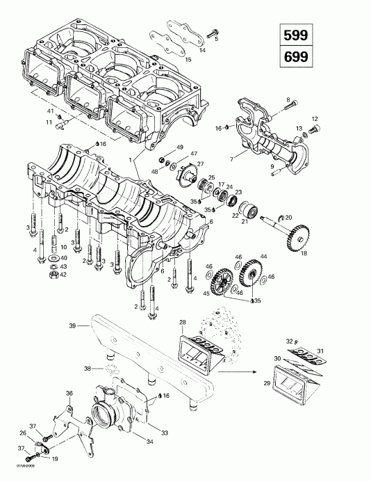 Skidoo  Formula III 600/700/800, 1999 - Crankcase, Reed Valve, Water Pump (599, 699)