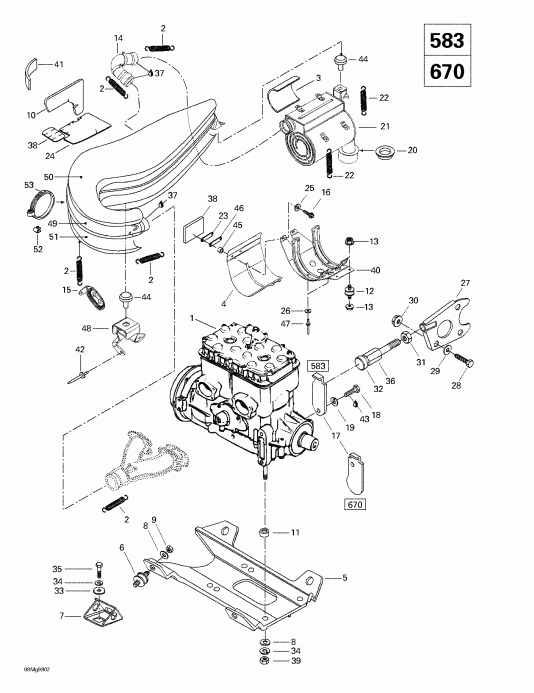 Skidoo Formula Z 500/583/670, 1999 - Engine Support And Muffler (583, 670)