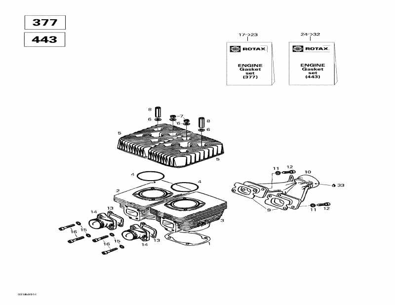 snowmobile Skidoo Touring E, 1999 - Cylinder, Exhaust Manifold (377, 443)