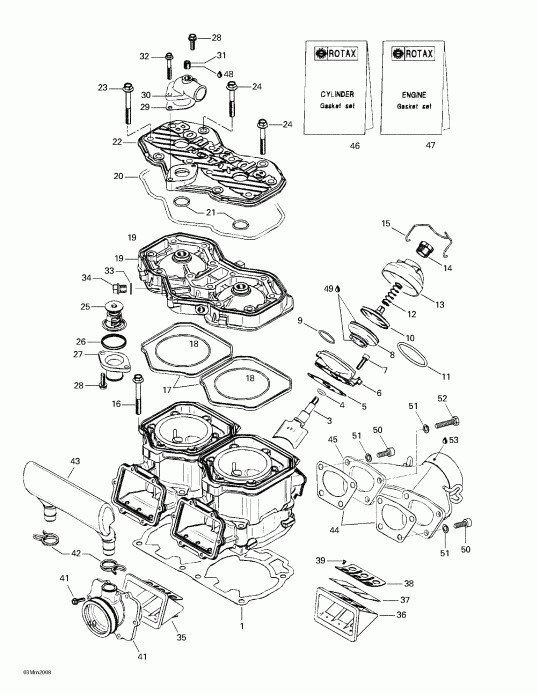 SkiDoo Summit 600/SB, 2000 - Cylinder, Exhaust Manifold, Reed Valve