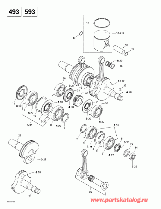 snowmobile Ski Doo Formula Deluxe 500/600/700, 2001  - Crankshaft And Pistons (493, 593)