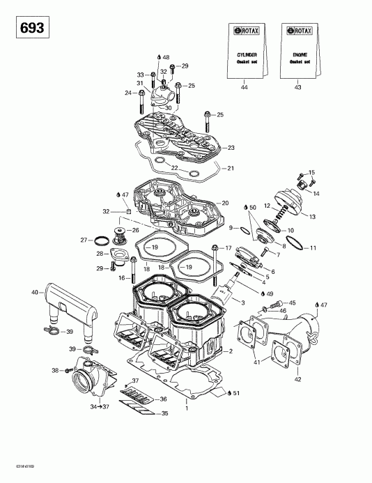  BRP Formula Deluxe 500/600/700, 2001  - Cylinder, Exhaust Manifold, Reed Valve (693)