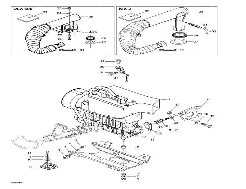 snowmobile  Formula Deluxe 500 F, 2001 - Engine Support And Muffler