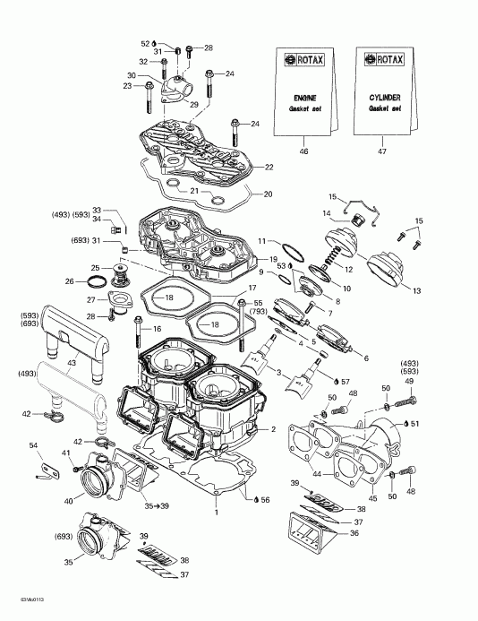  Skidoo Grand Touring 500/600/700, 2001  - Cylinder, Exhaust Manifold, Reed Valve