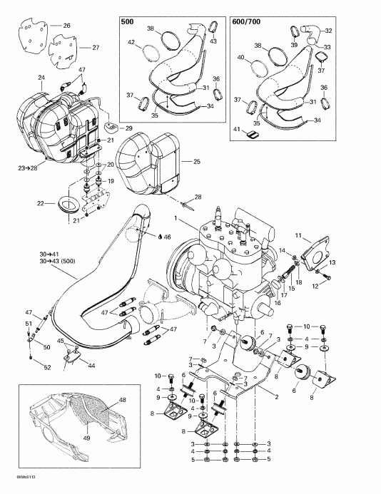  BRP Grand Touring 500/600/700, 2001 - Engine Support And Muffler