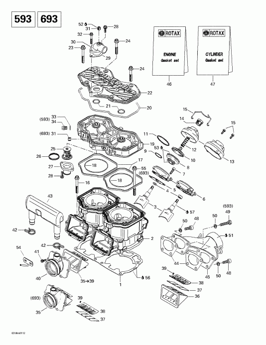  SkiDoo Summit 600/700/800, 2001  - Cylinder, Exhaust Manifold, Reed Valve (593693)