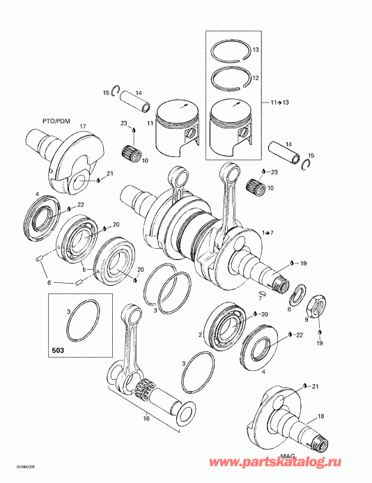 snowmobile ski-doo Grand Touring 380 F/500 F, 2002  - Crankshaft And Pistons