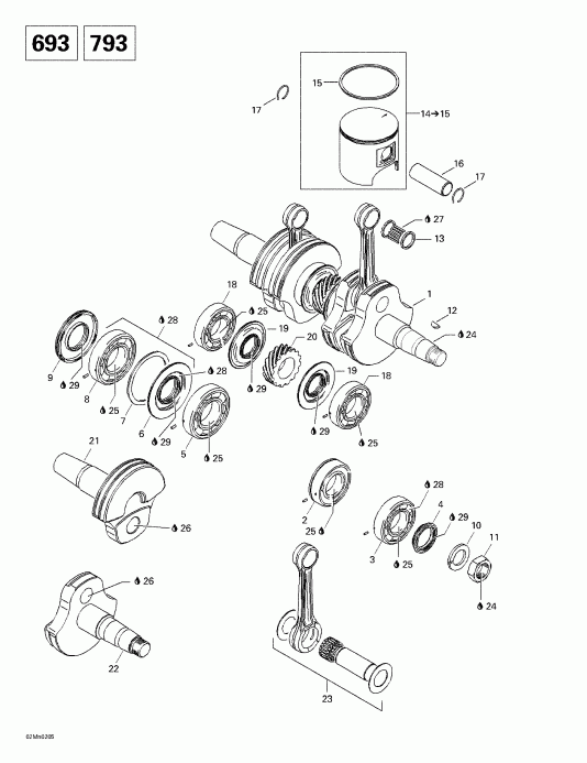  BRP SkiDoo Grand Touring 500/600/700/800, 2002 - Crankshaft And Pistons (693)