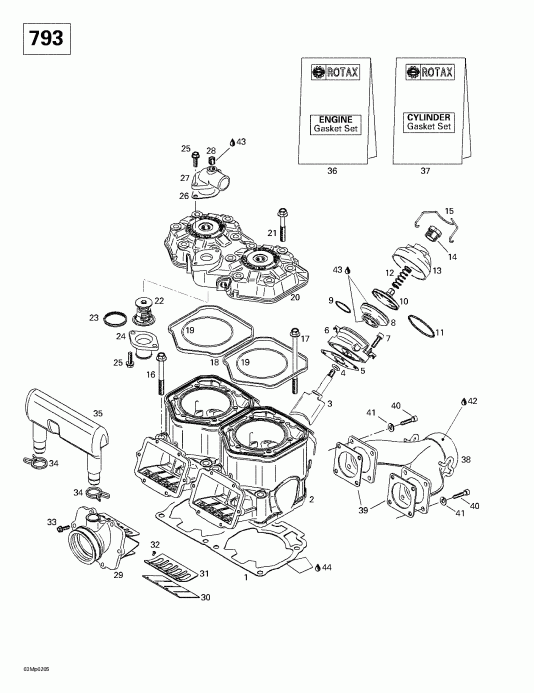 Skidoo  Grand Touring 500/600/700/800, 2002 - Cylinder, Exhaust Manifold, Reed Valve (793)