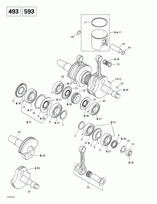  Ski-doo Legend 500/600/700/800, 2002  - Crankshaft And Pistons (493)