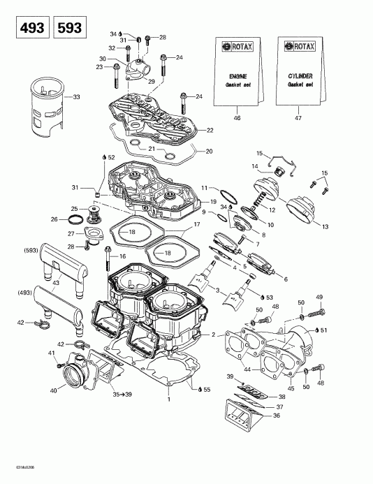  Skidoo Legend 500/600/700/800, 2002 - Cylinder, Exhaust Manifold, Reed Valve (493