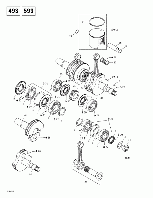 Ski Doo MX Z 500/600/700/800, 2002 - Crankshaft And Pistons (493, 593)