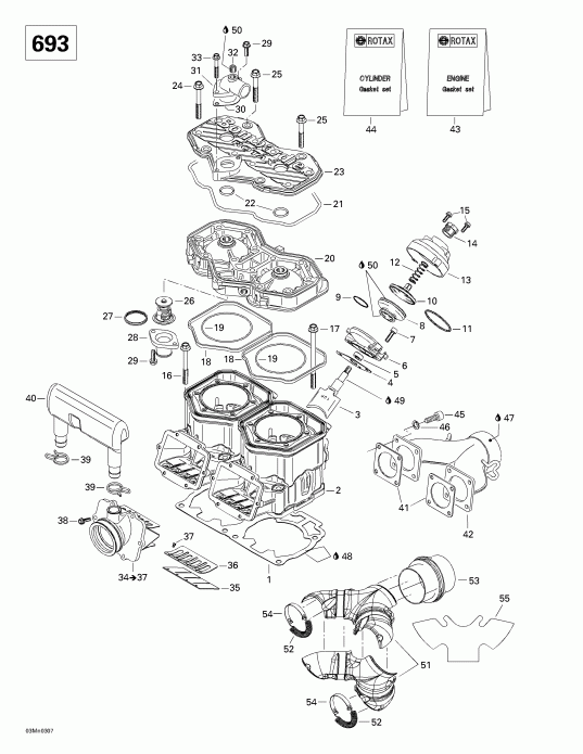 Skidoo  Legend 500/600/700, 2003 - Cylinder, Exhaust Manifold, Reed Valve (693)