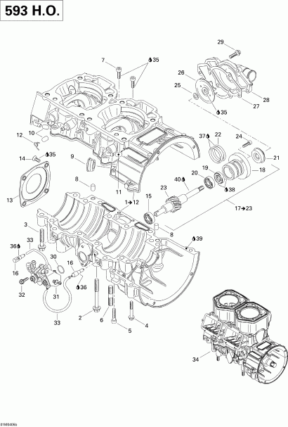 snowmobile Skidoo  MX Z 600 HO Renegade/Renegade X, 2004 - Crankcase, Water Pump And Oil Pump (593 Ho)