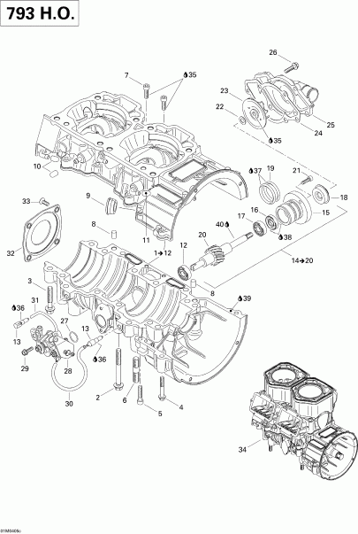 snowmobile SkiDoo  MX Z 800 HO Renegade/Renegade X, 2004 - Crankcase, Water Pump And Oil Pump (793 Ho)