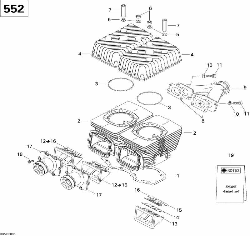 snowmobile BRP - Cylinder, Exhaust Manifold And Reed Valve 552