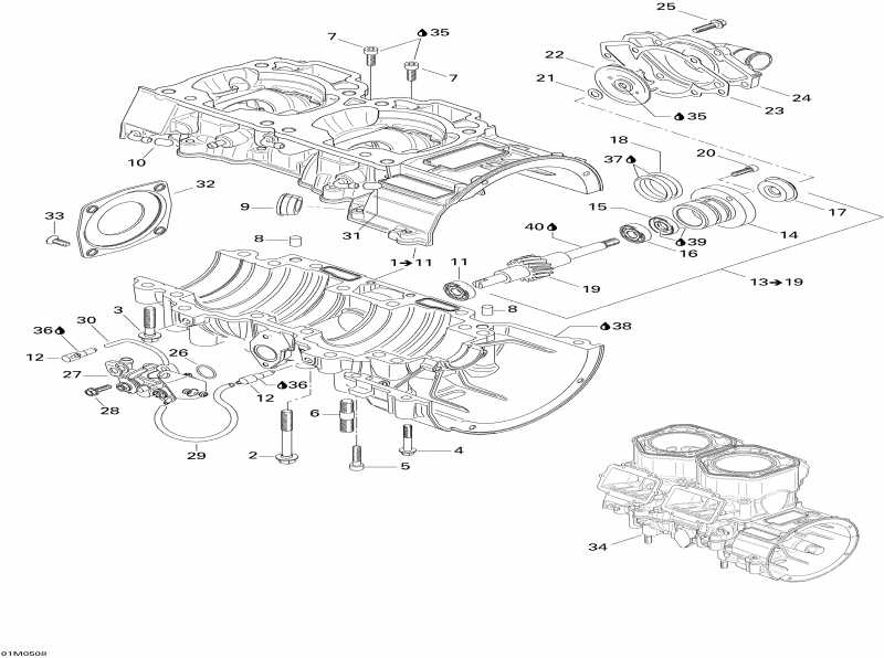 snowmobile Skidoo GTX 600 HO SDI, 2005 - Crankcase, Water Pump And Oil Pump