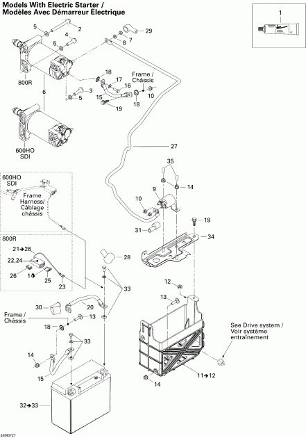 snowmobile Ski-doo Summit Adrenaline 600HO SDI, 2007 - Battery And Starter 600ho Sdi