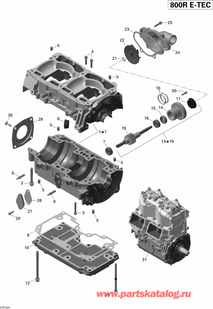 Skidoo FREERIDE 137, 146, 154, 800RE XP, 2013  - Crankcase And Water Pump