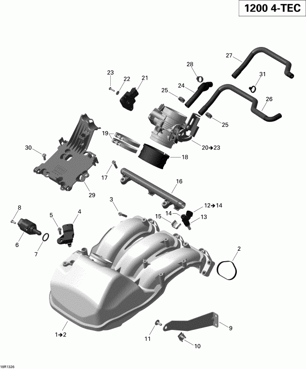 snowmobile SKIDOO  GSX LE & SE 1200 XR, 2013 - Air Intake Manifold And Throttle Body Gsx Le