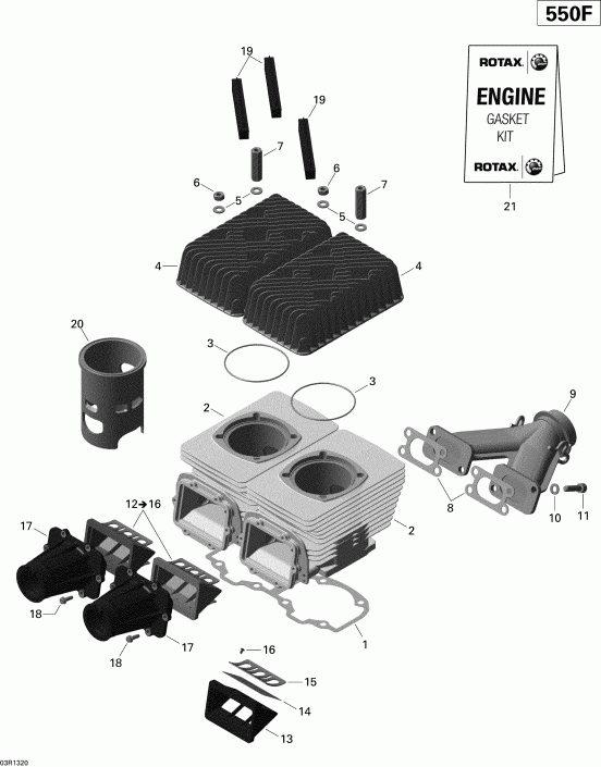 ski-doo RENEGADE SPORT 550F XP, 2013  - Cylinder, Exhaust Manifold And Reed Valve