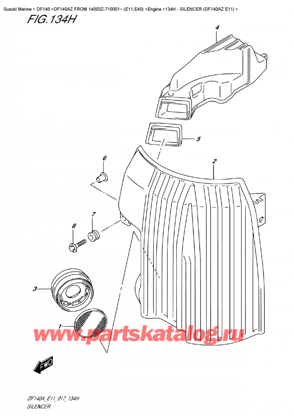 ��������� ��������, �� ��������� �������� ���������, Suzuki DF140A ZL / ZX FROM 14003Z-710001~ (E11) ������ 2017 ����, Silencer (Df140Az  E11)