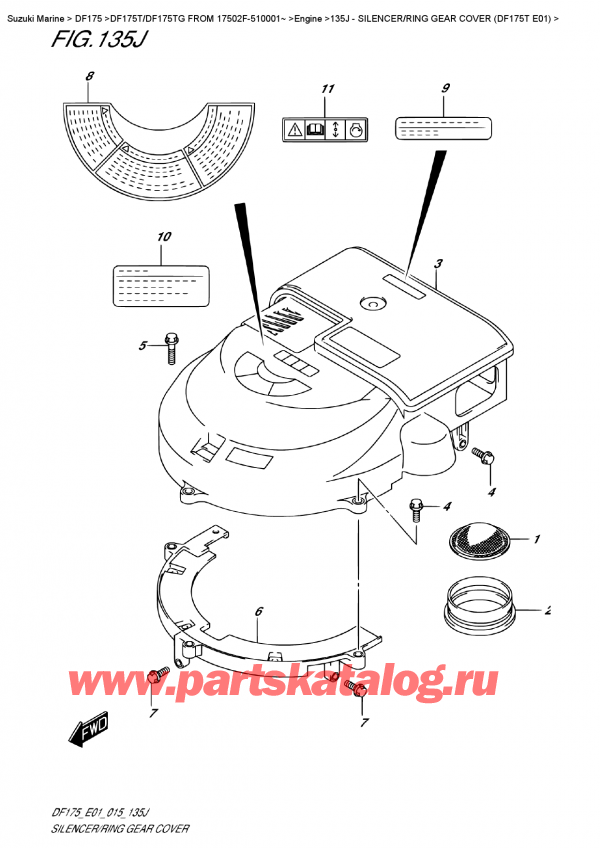 ������������ ��������, �� ��������� ���������, Suzuki DF175T L / X FROM 17502F-510001~ (E01), ��������� / ������ ��������� �������� (Df175T E01) / Silencer/ring  Gear  Cover  (Df175T  E01)