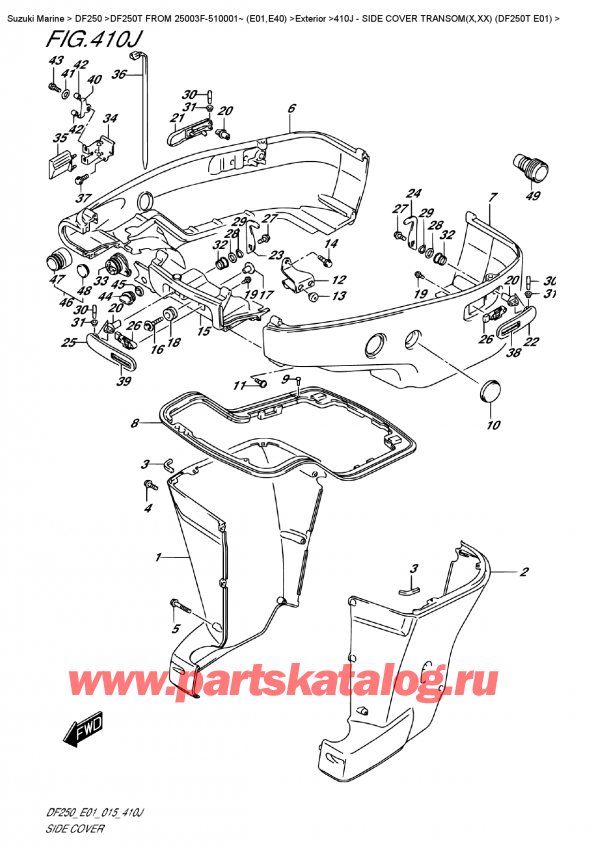 ����� ��������, �� �������� �����, Suzuki DF250T X/XX FROM 25003F-510001~ (E01), ������� ������ Transom (X, xx) (Df250T E01) / Side  Cover  Transom(X,xx)  (Df250T  E01)