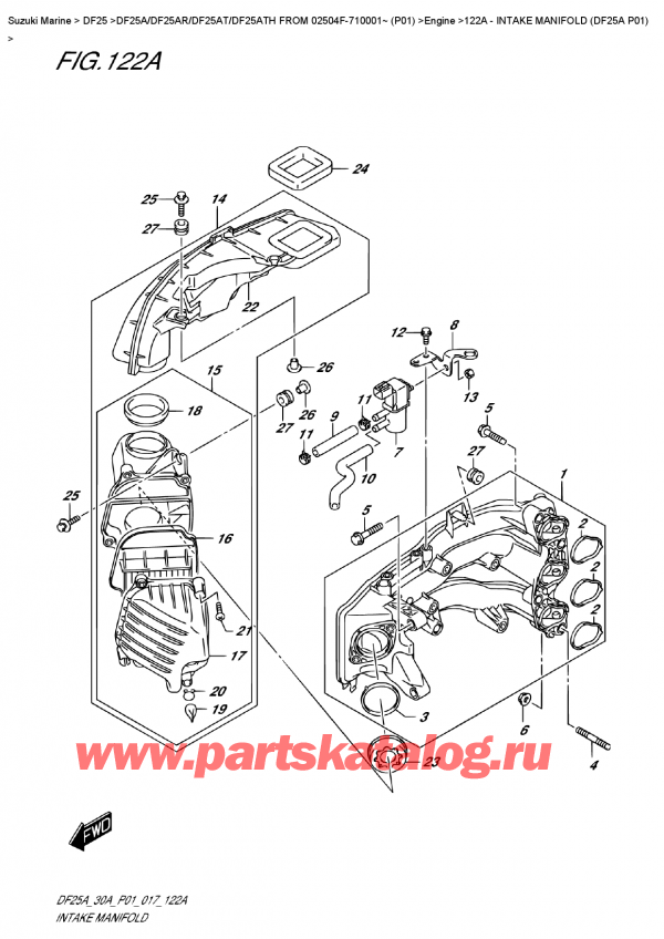   ,  , Suzuki DF25A S FROM 02504F-710001~ (P01)  , Intake  Manifold  (Df25A  P01) -   (Df25A P01)