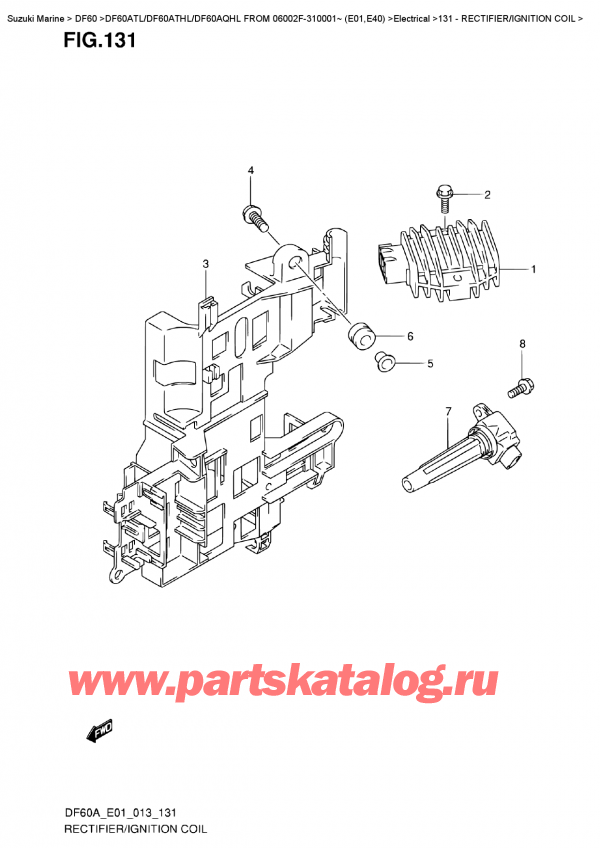 Купить оригинальные запчасти на двигатель Suzuki DF60A TL/TS FROM 06002F-310001~ (E01) - Выпрямитель / Катушка зажигания - Rectifier/ignition  Coil Купить комплектующие, на подвесной двигатель, Suzuki DF60A TL/TS FROM 06002F-310001~ (E01), Выпрямитель / Катушка зажигания