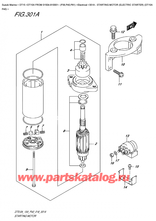 ������ ��������, �� ��������� ���������, SUZUKI DT15A S / L FROM 01504-810001~ (P40 018), ��������� ��������������� (��������������) (Dt15A P40) - Starting  Motor  (Electric  Starter)  (Dt15A  P40)