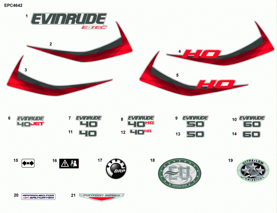 ��������� EVINRUDE E40HGLAGB - ITALY ONLY  - decals / ��������