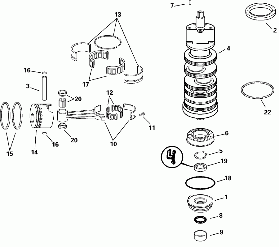 ��������� ����� Evinrude E115FPXSSR FFI, Elec Start, TNT, 25 IN.s  - ankshaft & Pistons - ank��� & ������