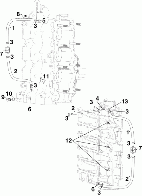��������� �������� ����� EVINRUDE E90DSLSRC  - linder/crankcase Fittings & Oil Recirculation Hoses